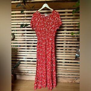 Anthropologie- Kindred Red Floral Maxi Dress